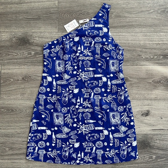 MADEWELL x Lisa Says Gah! One Shoulder Mini Dress Size 12 Linen Blue Greek Beach - Picture 4 of 12